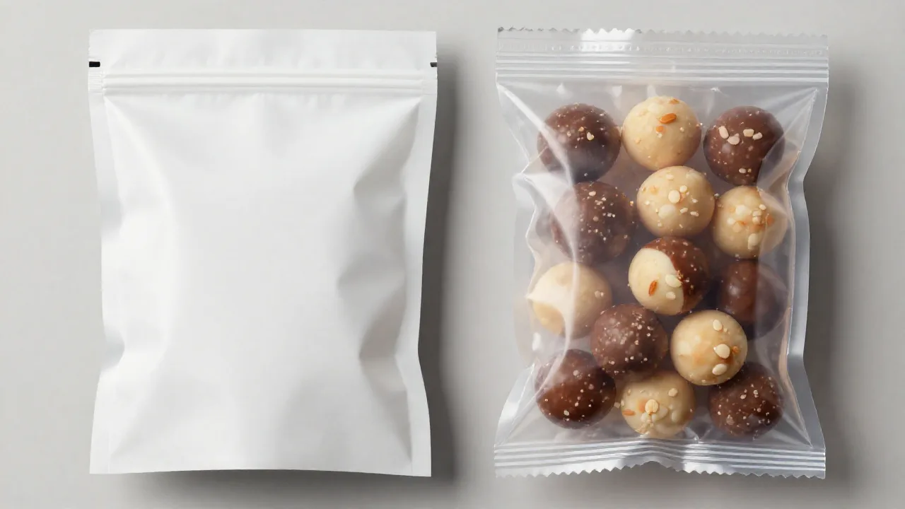 Dos bolsas de botana lado a lado, una opaca y otra con ventana que muestra el producto