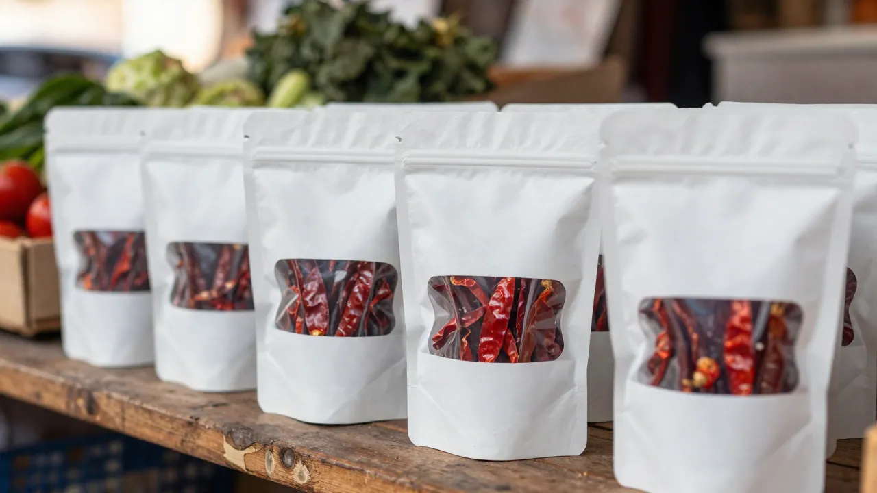 Bolsas stand-up mate con ventana ovalada transparente llenas de chiles secos sobre una mesa de mercado