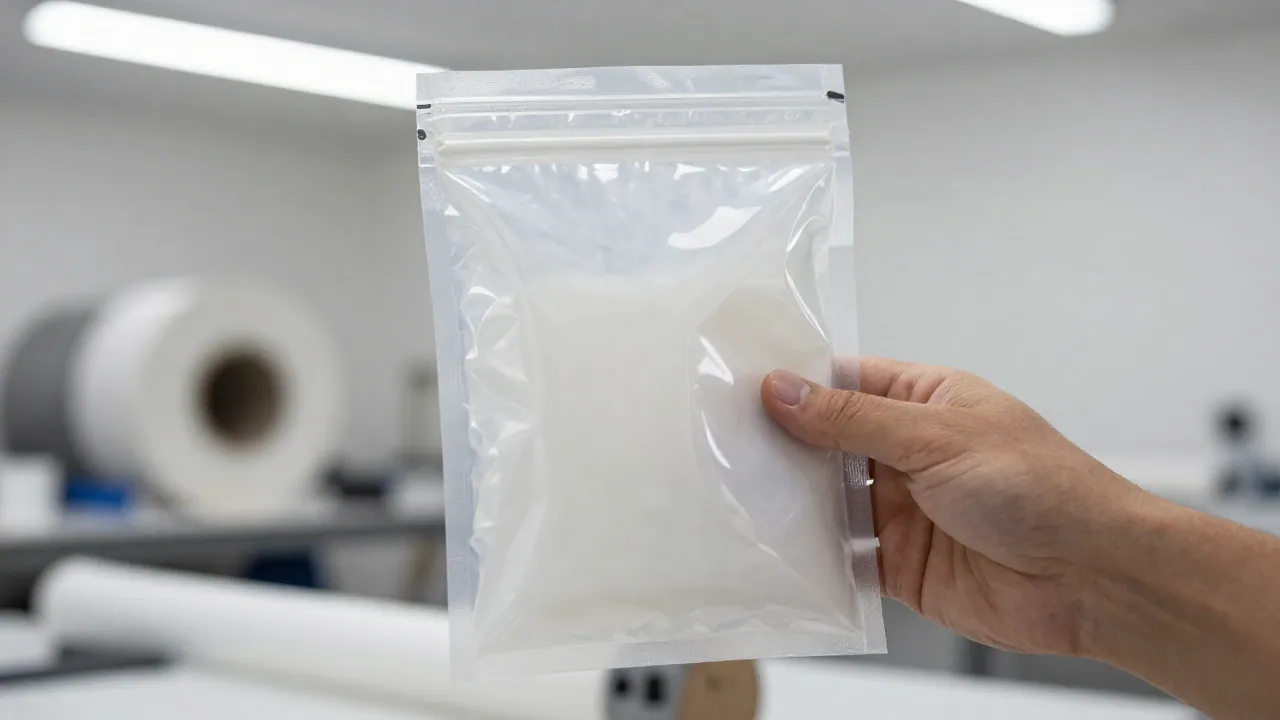 Primer plano de una bolsa sellada con ventana, una mano señala el borde donde el laminado opaco se une a la película transparente