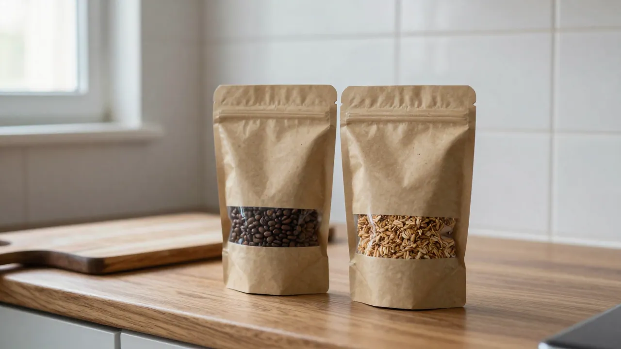 Dos bolsas kraft con ventana sobre una cubierta de cocina, una con café tostado y otra con granola