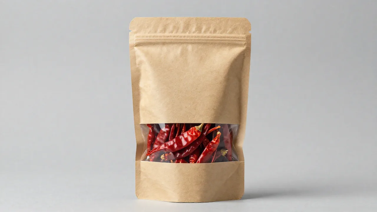 Bolsa stand-up de película mate con una ventana transparente que deja ver chiles secos