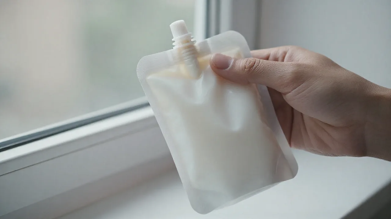 Mano apretando suavemente una bolsa flexible de crema cerca de una ventana