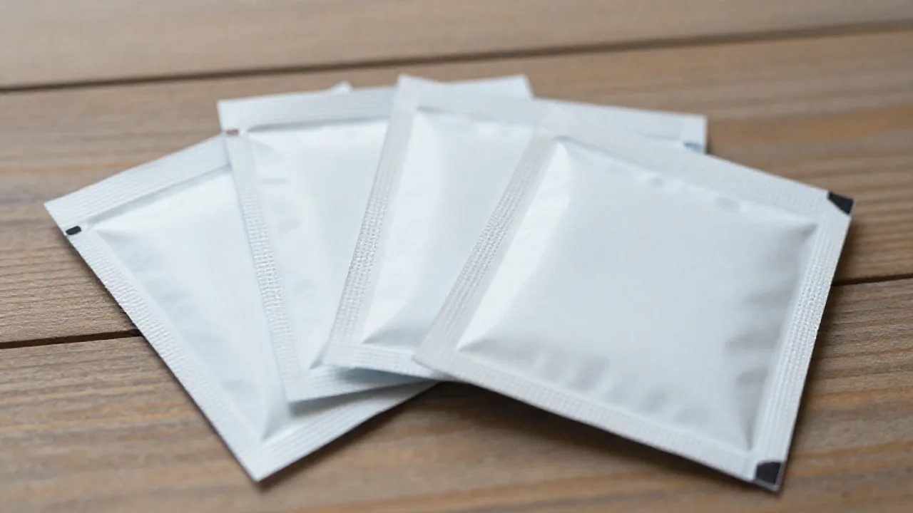 Sobres pequeños de dosis única y bolsas con zipper ordenados sobre una mesa de madera