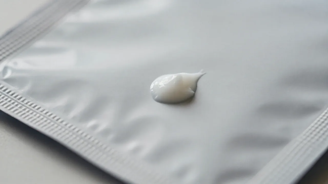 Acercamiento a la costura sellada de una bolsa flexible con un poco de crema blanca cerca del borde