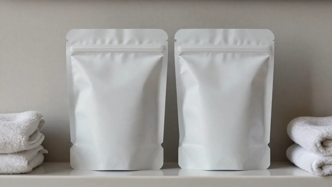 Bolsas flexibles con acabado mate y brillante lado a lado sobre una repisa de baño