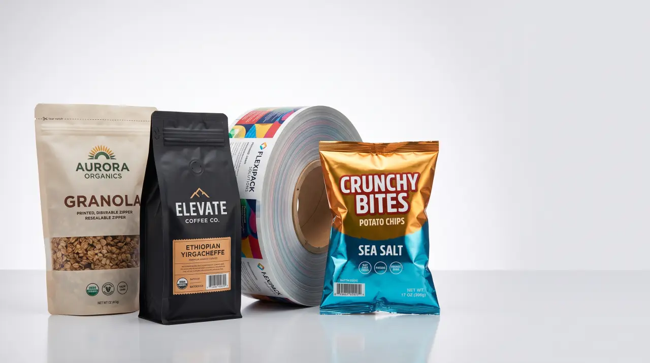 Variedad de empaque flexible: stand-up pouch, bolsa de café, bobina impresa y bolsa de snack