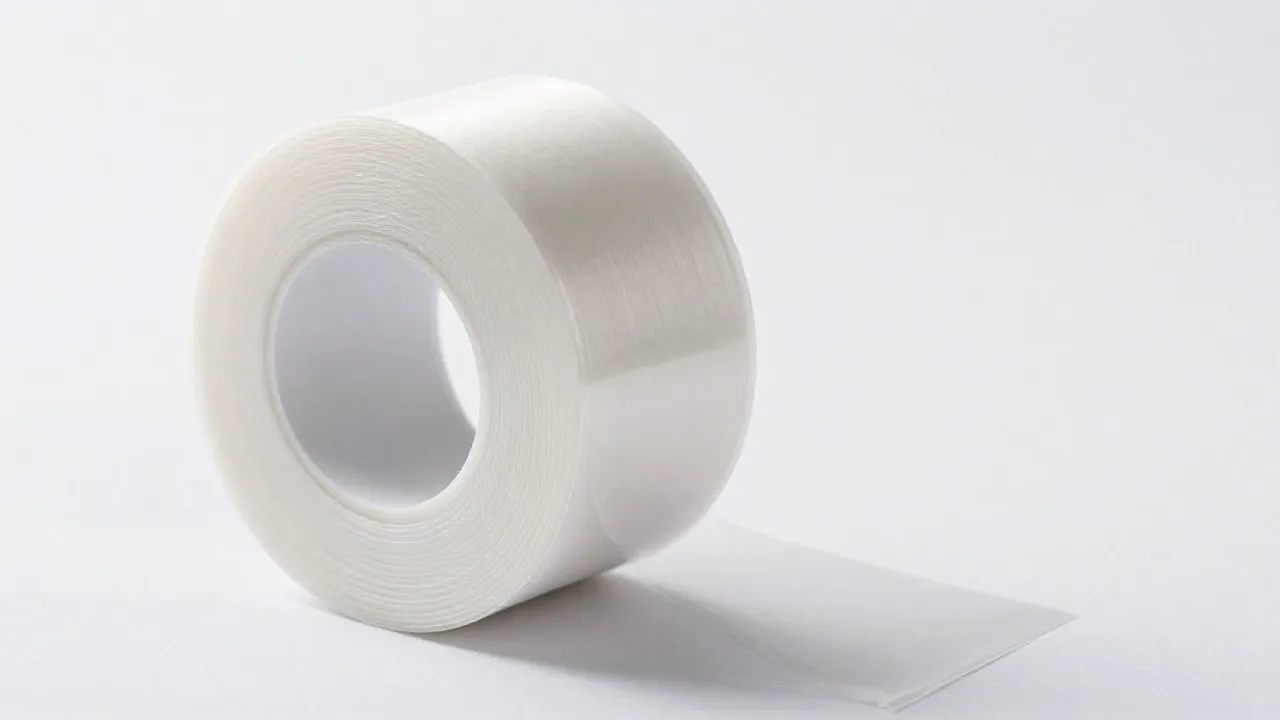 Primer plano de un rollo de película transparente enrollada de manera uniforme sobre un núcleo