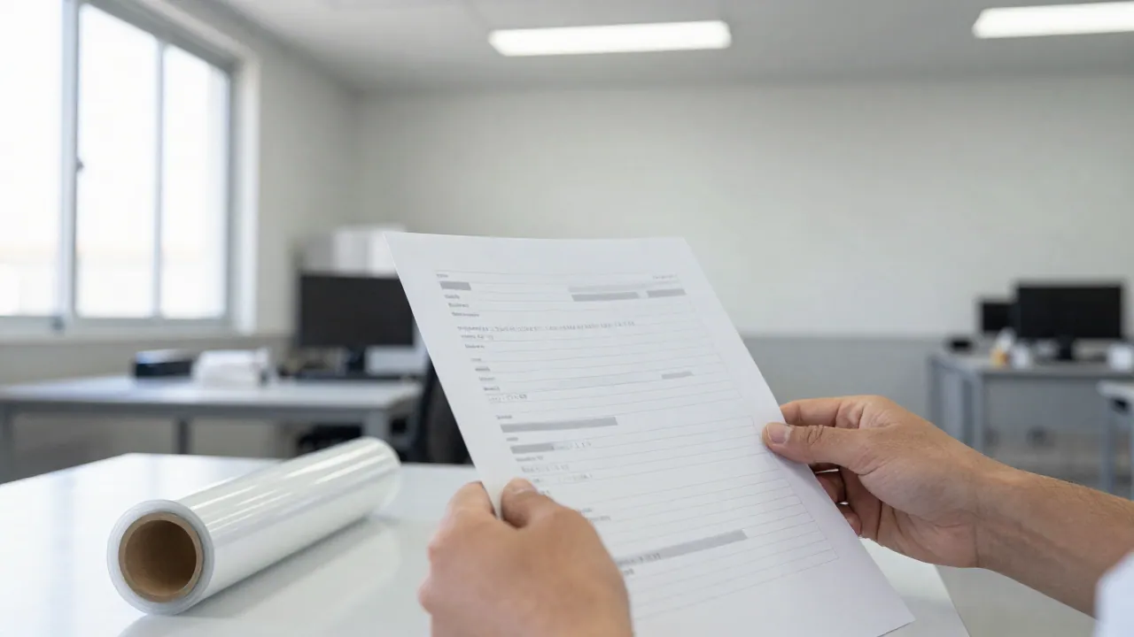 Manos de un ingeniero de calidad con una ficha técnica de líneas ilegibles junto a un rollo pequeño de película laminada