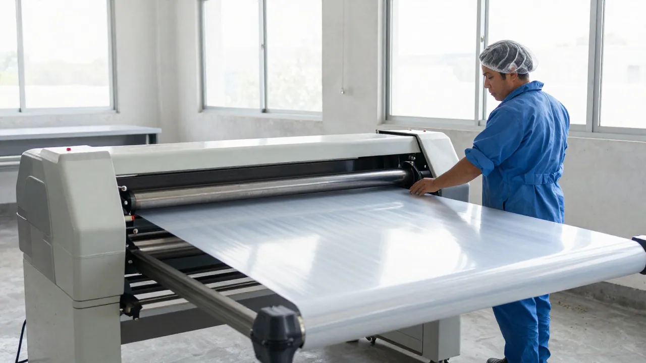 Laminadora alimentando una banda ancha de película transparente entre rodillos de acero, con un operador revisándola