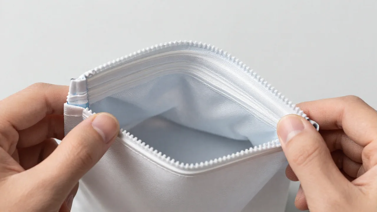 Primer plano de una bolsa flexible abierta a mano para revisar la superficie interior del sello