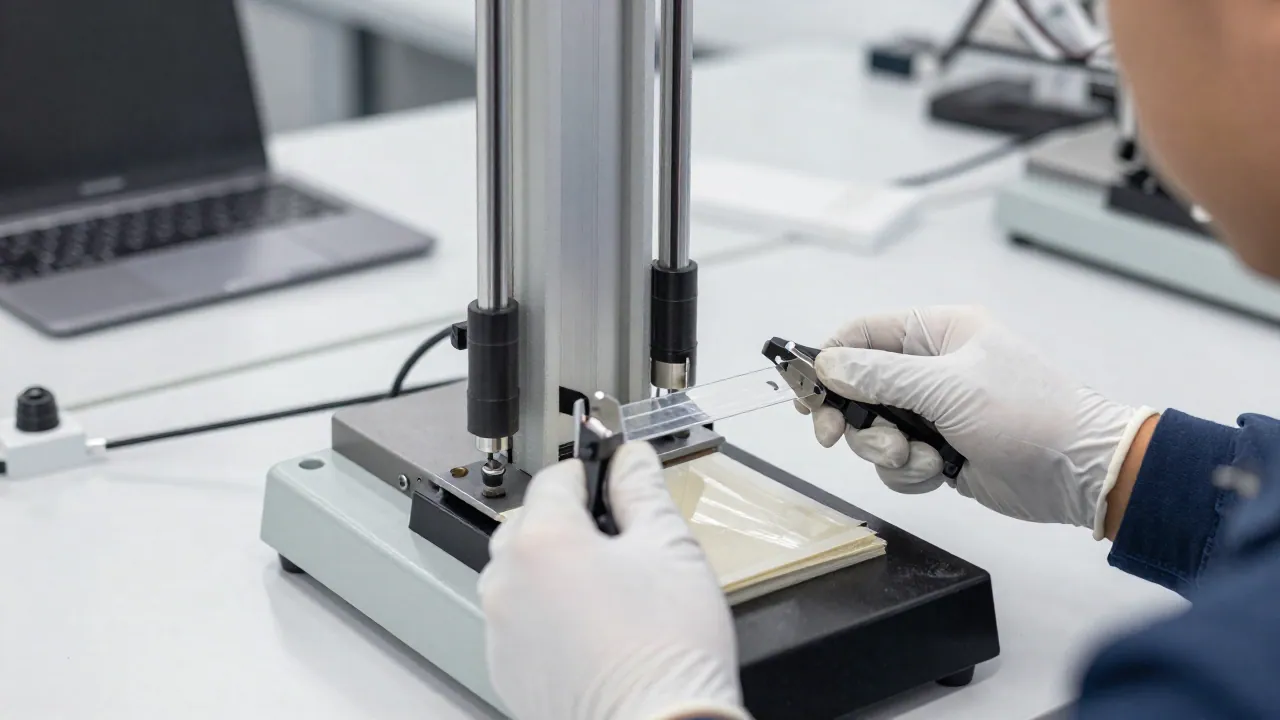 Técnico con guantes sujetando una tira de película transparente en las mordazas de una máquina de tracción de laboratorio