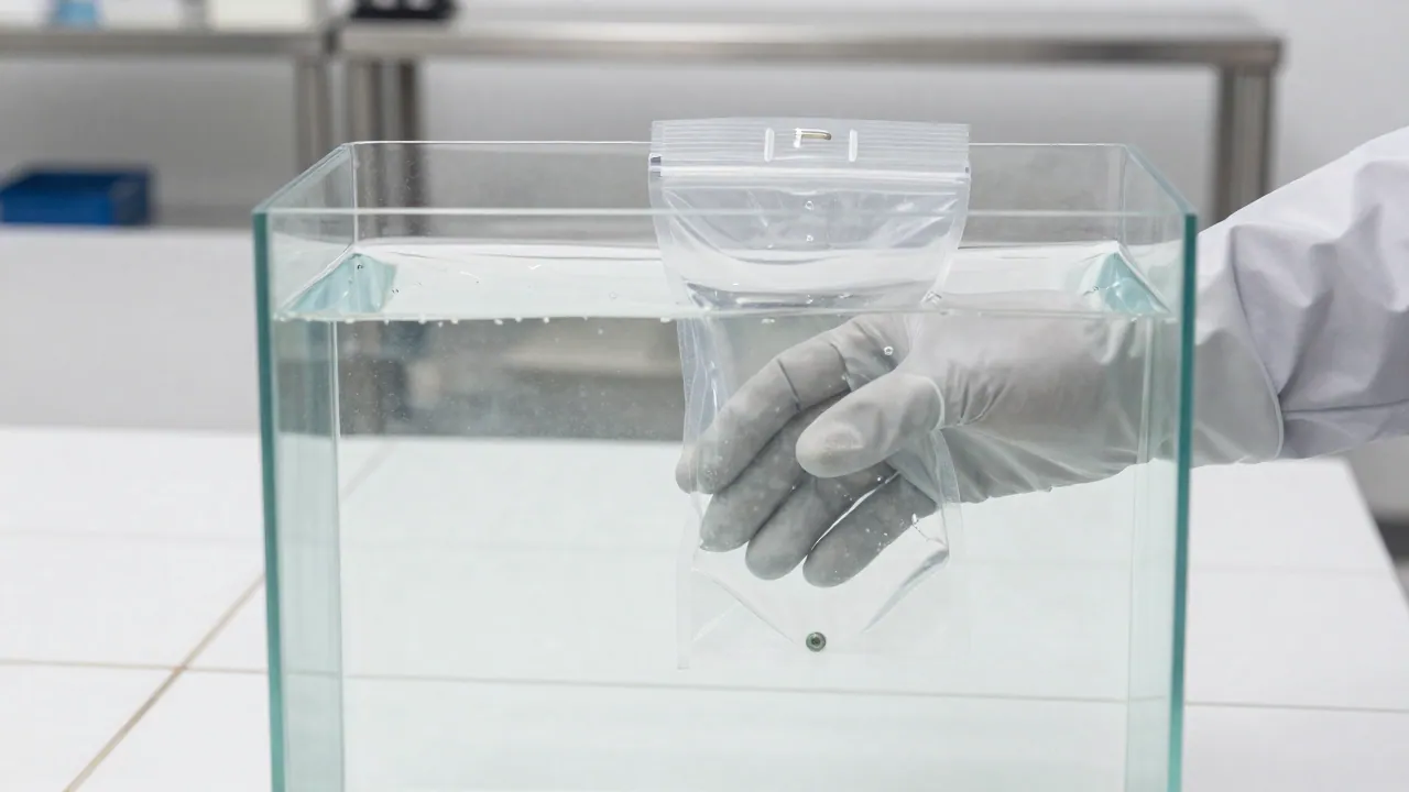 Mano enguantada sumergiendo una bolsa transparente en una cámara de vacío con agua para buscar fugas