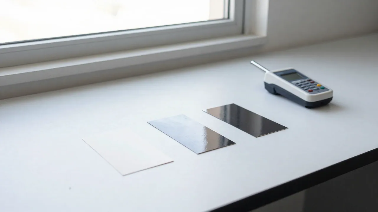 Tres muestras rectangulares de laminado sobre una mesa junto a una ventana y un instrumento portátil de medición