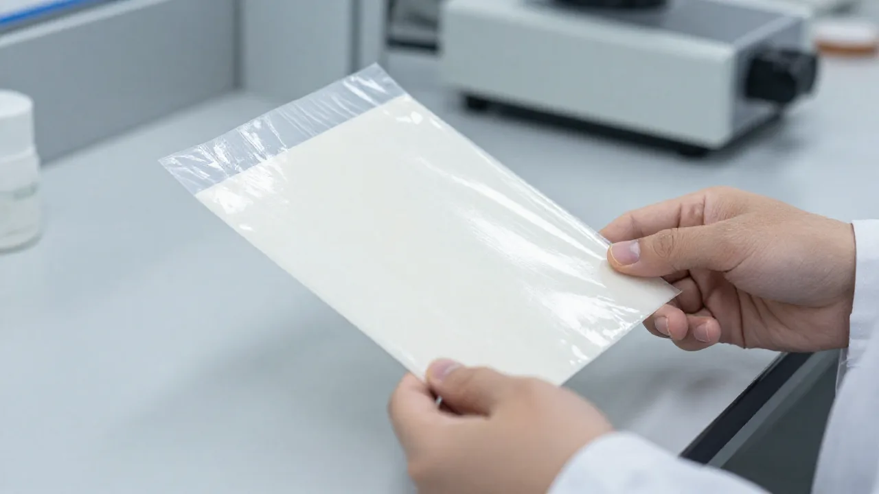 Laboratorio de materiales con una muestra de película de empaque flexible sostenida bajo luz neutra