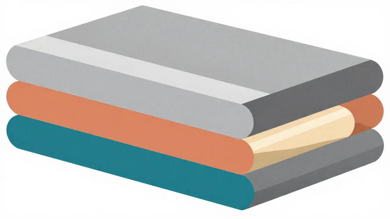 Ilustración en corte transversal de un laminado multicapa, con la capa interior de sellado resaltada