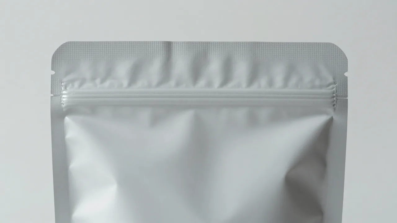 Primer plano de la costura sellada de una bolsa flexible mate, con un sello liso y uniforme