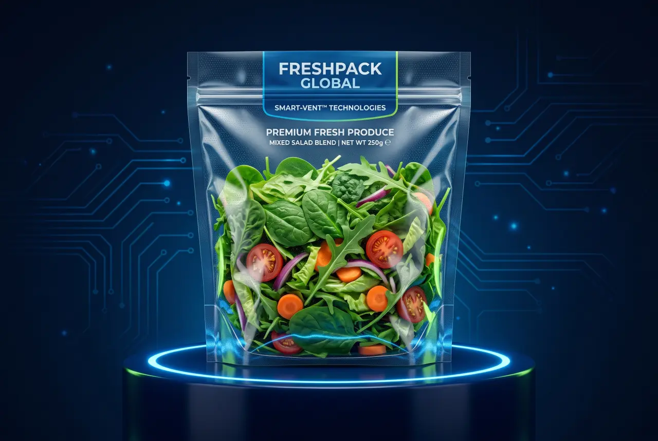 Frutas y verduras frescas en empaque microperforado por láser que las deja respirar