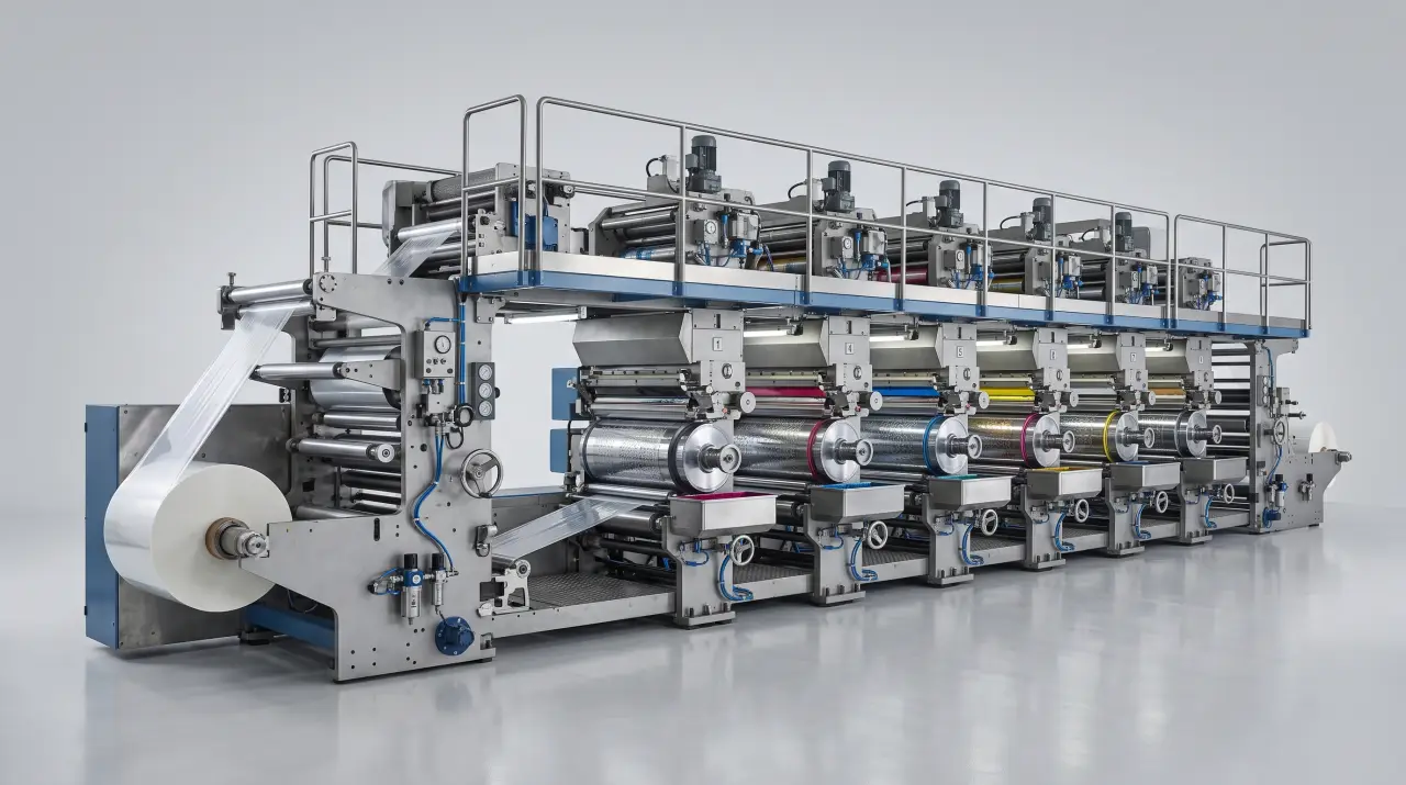 Máquina de rotograbado con cilindros grabados imprimiendo empaque flexible de alta definición a varios colores