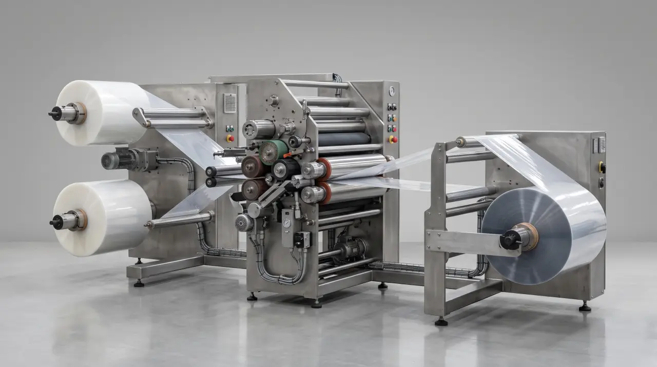 Máquina de laminación solventless sin solventes uniendo películas de empaque flexible